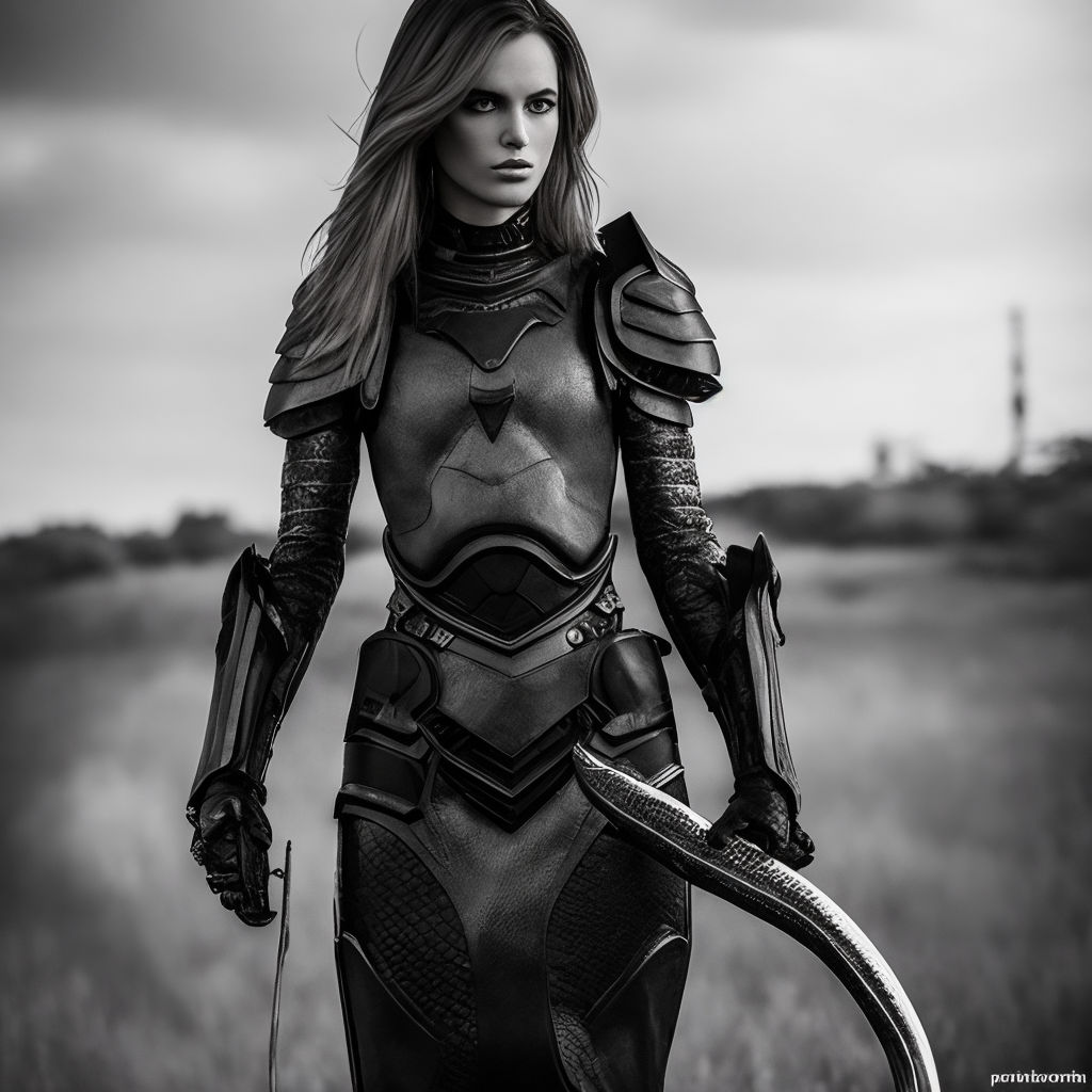 A fierce and beautiful female warrior standing in a battlefield