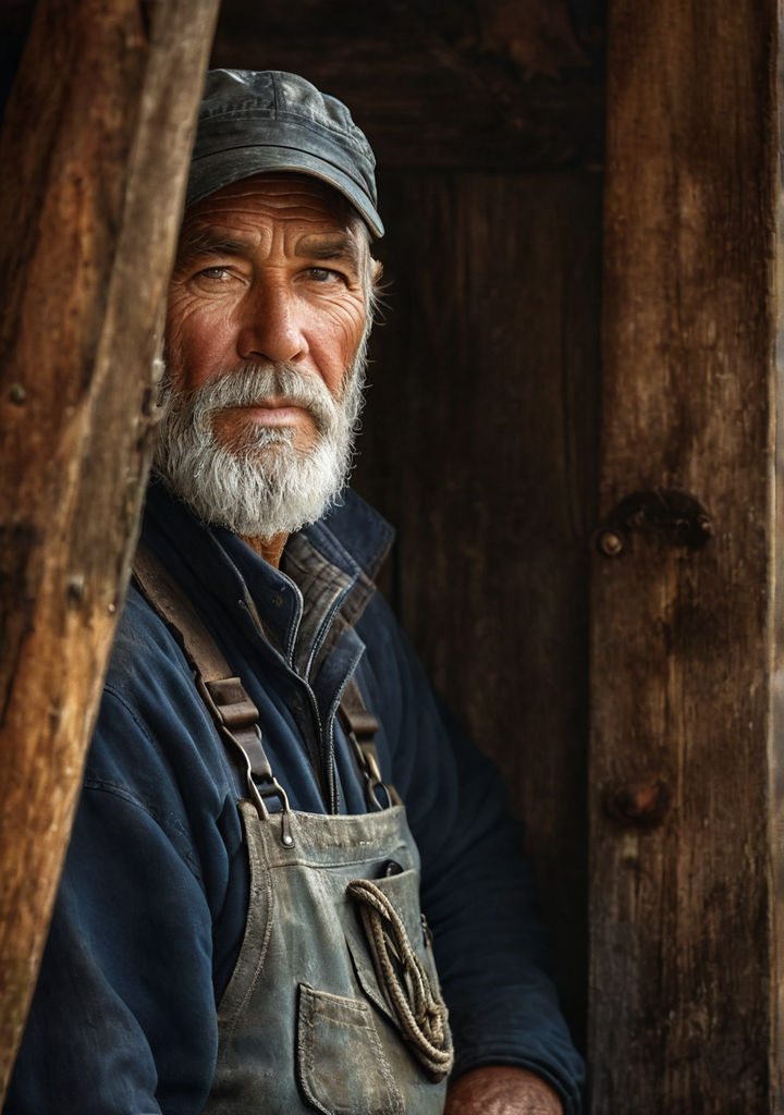 leans against a boathouse and jokes with a 24 year old boatman in overalls  - Playground