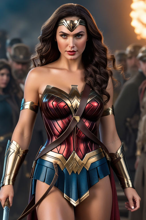 realistic full body photo of wonder woman dressed with only bra