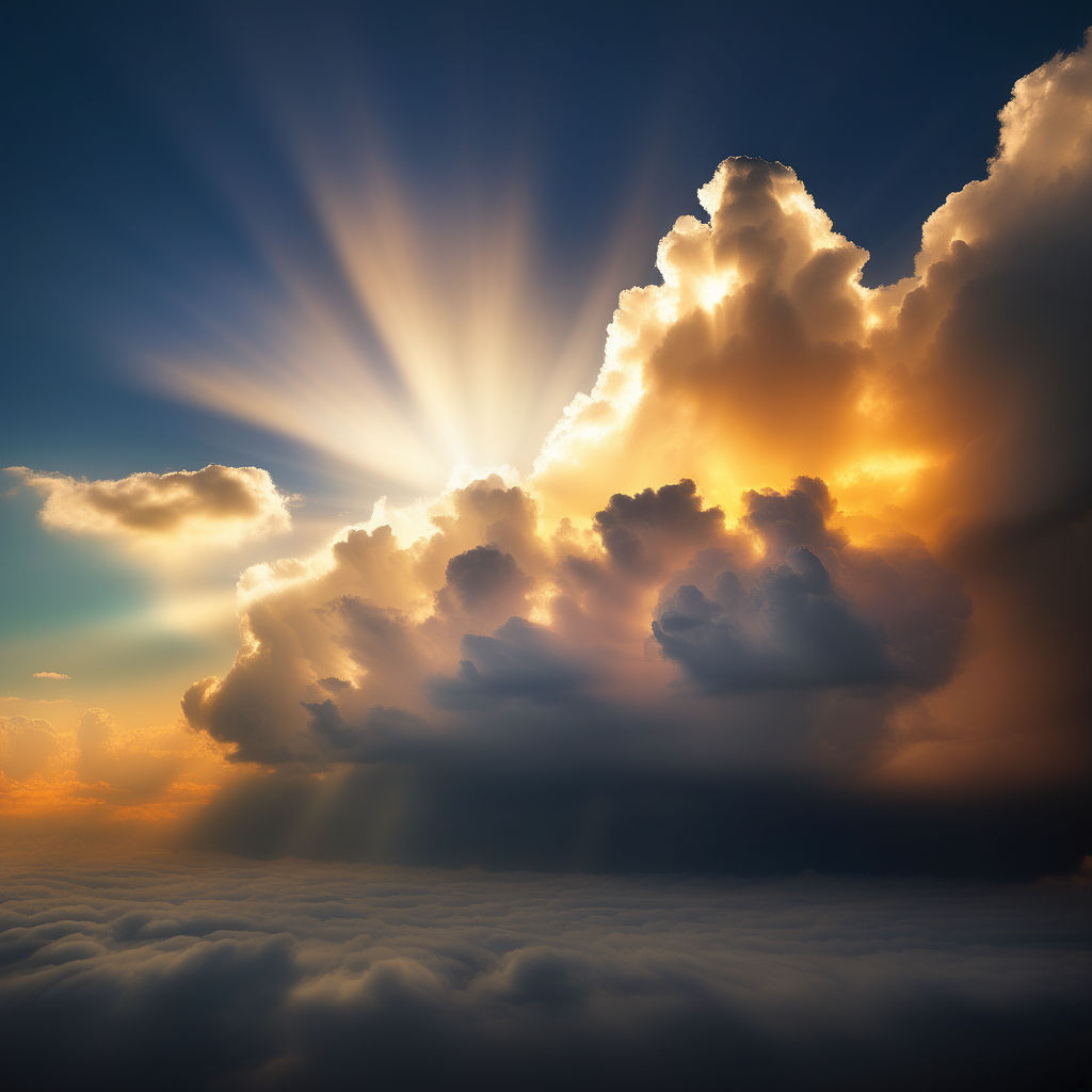 Stairway to Heaven in Cloudy Sky with Sunlight Rays Shining Down