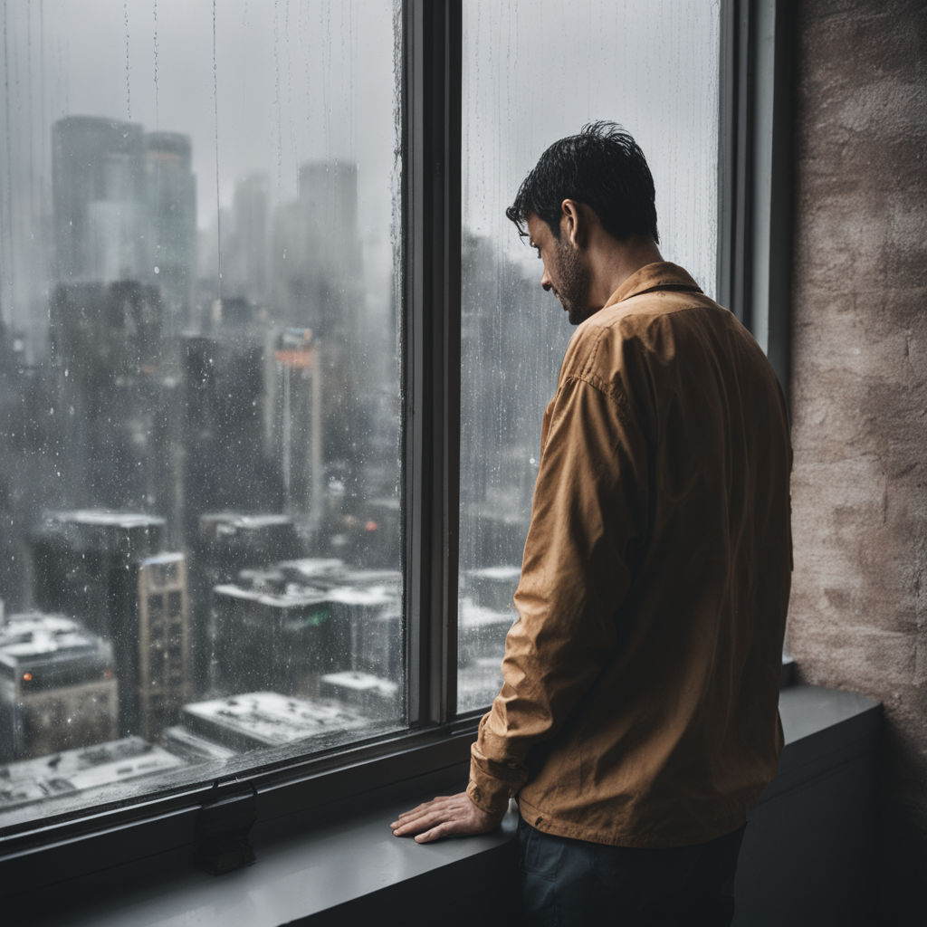 Man sitting beside glass window near high rise building photo