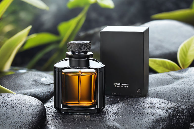 Modern glass men perfume bottle among black rocks in the rain