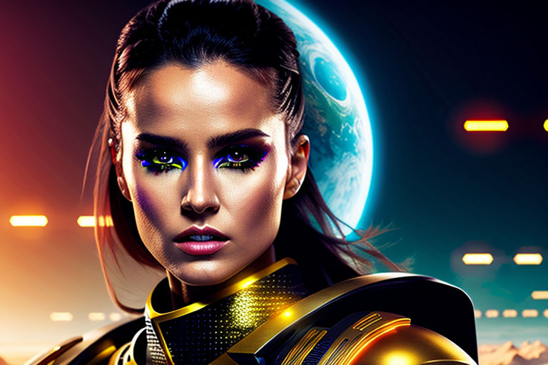 and equally black eyes. She has fair skin. She is wearing a green and  yellow space suit and has the Brazilian flag symbol on her shoulders. The  background is the interior of