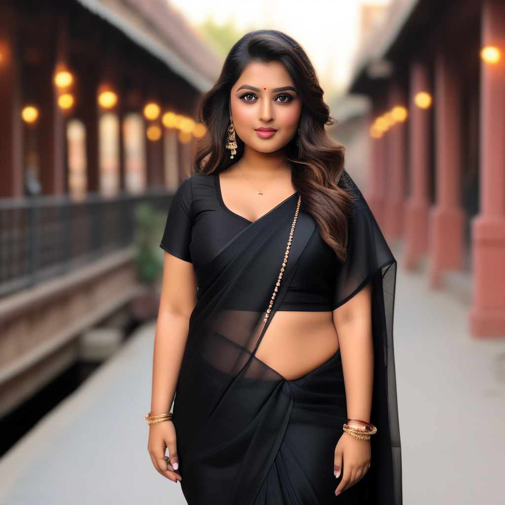 Indian curvy women stern black saree in gym - Playground