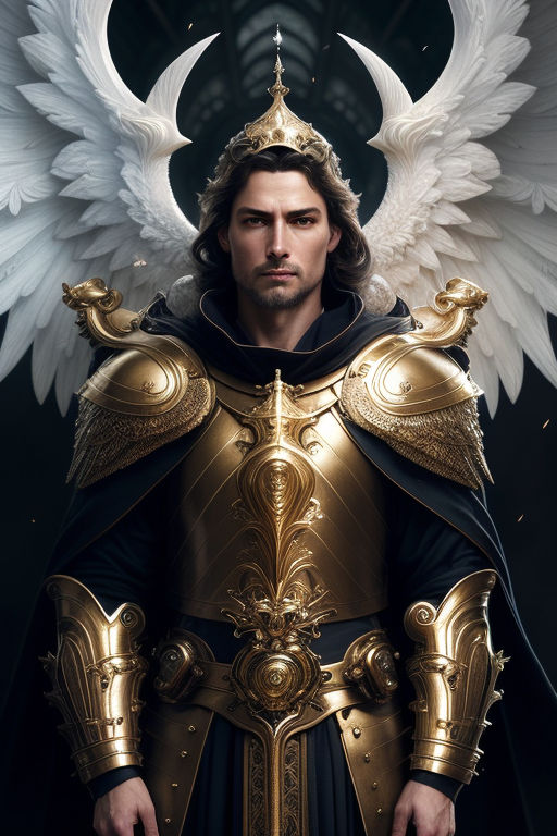 Archangel male character, fully armoured and using a delightful helmet, his  wings are made of pure divine energy, his armour features a white base and  golden metalic details and parts on Craiyon