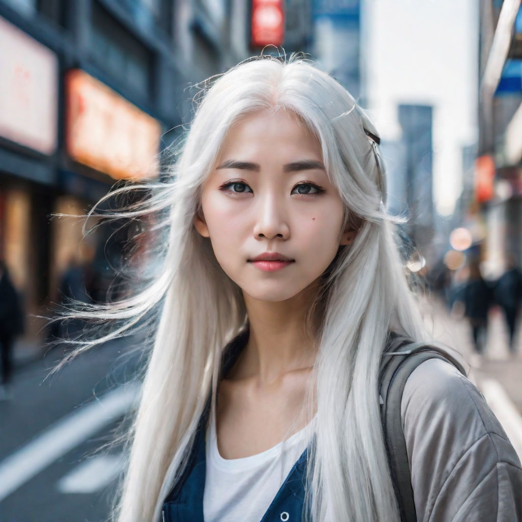 Anime queen with long white hair, blue eyes and tanned skin