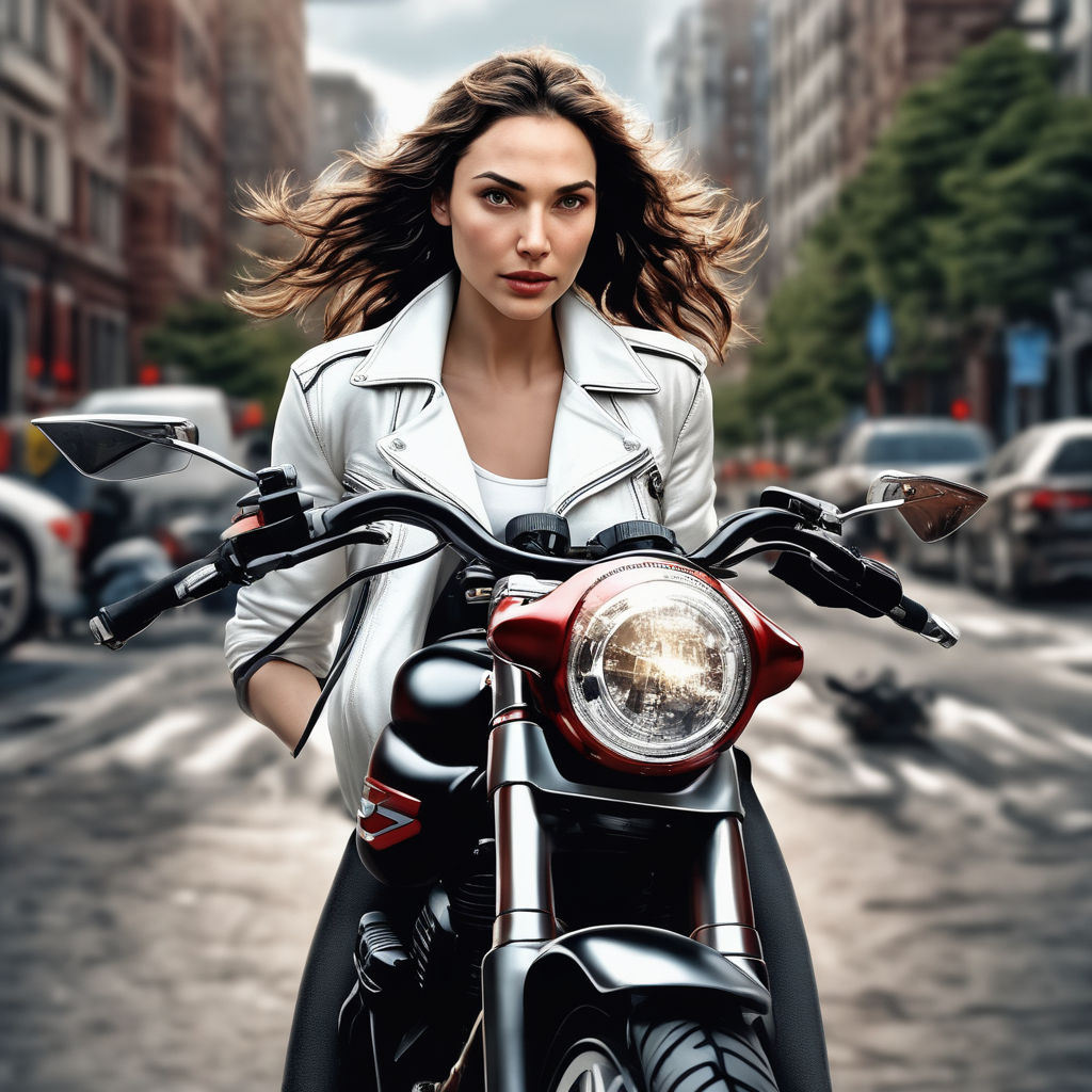 Prompt: photorealistic, best quality, hyper detailed, perfect eyes, fantastic face, caucasian, beautiful look, Gal Gadot, detailed, she wear a white t-shirt, a black leather jeans and a sport black, red amd white leather jaket, she stand centered before a motorbike, (((updo hair))), city background, elegant, sharp focus, photo by greg rutkowski, soft day light, vibrant, perfect composition, beautiful detailed intricate insanely detailed octane render trending on artstation, 8 k artistic photography, photorealistic concept art, soft natural volumetric cinematic perfect light, chiaroscuro, award - winning photograph, masterpiece, oil on canvas, raphael, caravaggio, greg rutkowski, beeple, beksinski, giger