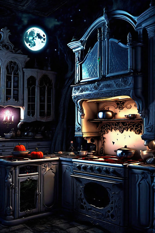 concept art of a dark victorian kitchen, at night, g