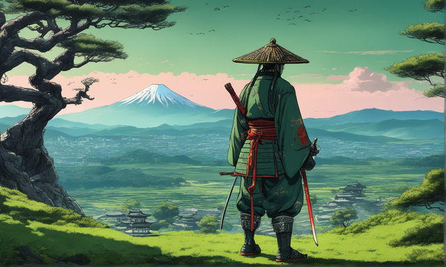 Wall Mural Lonely Samurai - Mountain Landscape, Japanese Inscription and  Anime Character - People - Wall Murals