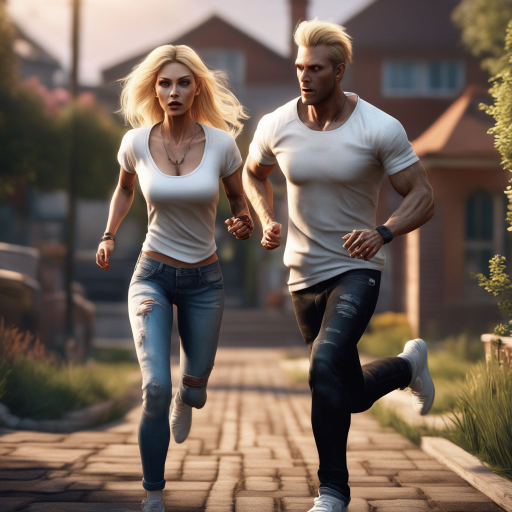 Photorealistic female/skinny male couple walking together. Huge muscle  girl. Muscular girlfriend. wearing t-shirt and jeans. Female bodybuilder.  Enormous bulging breasts. Massive breasts. Perfect full round breasts.  Massive muscles. Huge biceps. Smile 