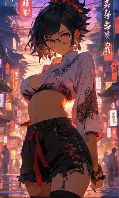 Anime girl with black hair and giant boobs popping out of a white button  down shirt with glasses - Playground