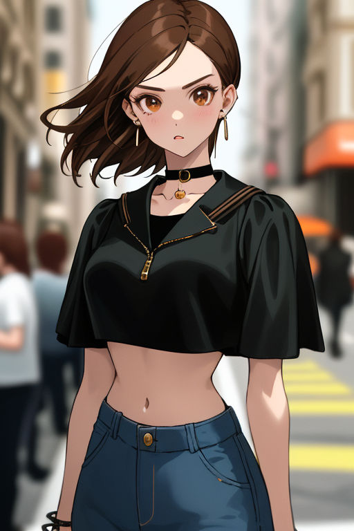 Lexica - Anime Style, cute girl, 19 years old, medium curly brown hair,  skinny, flat belly visible, slim waist, thick, medium bust, crop top, short  s...