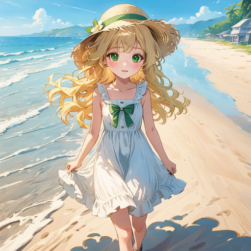 Cute Playful Anime Girl With Straw Hat On Beach | Poster