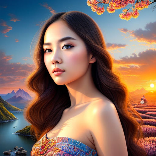 portrait of beautiful asian girl, digital art, highly