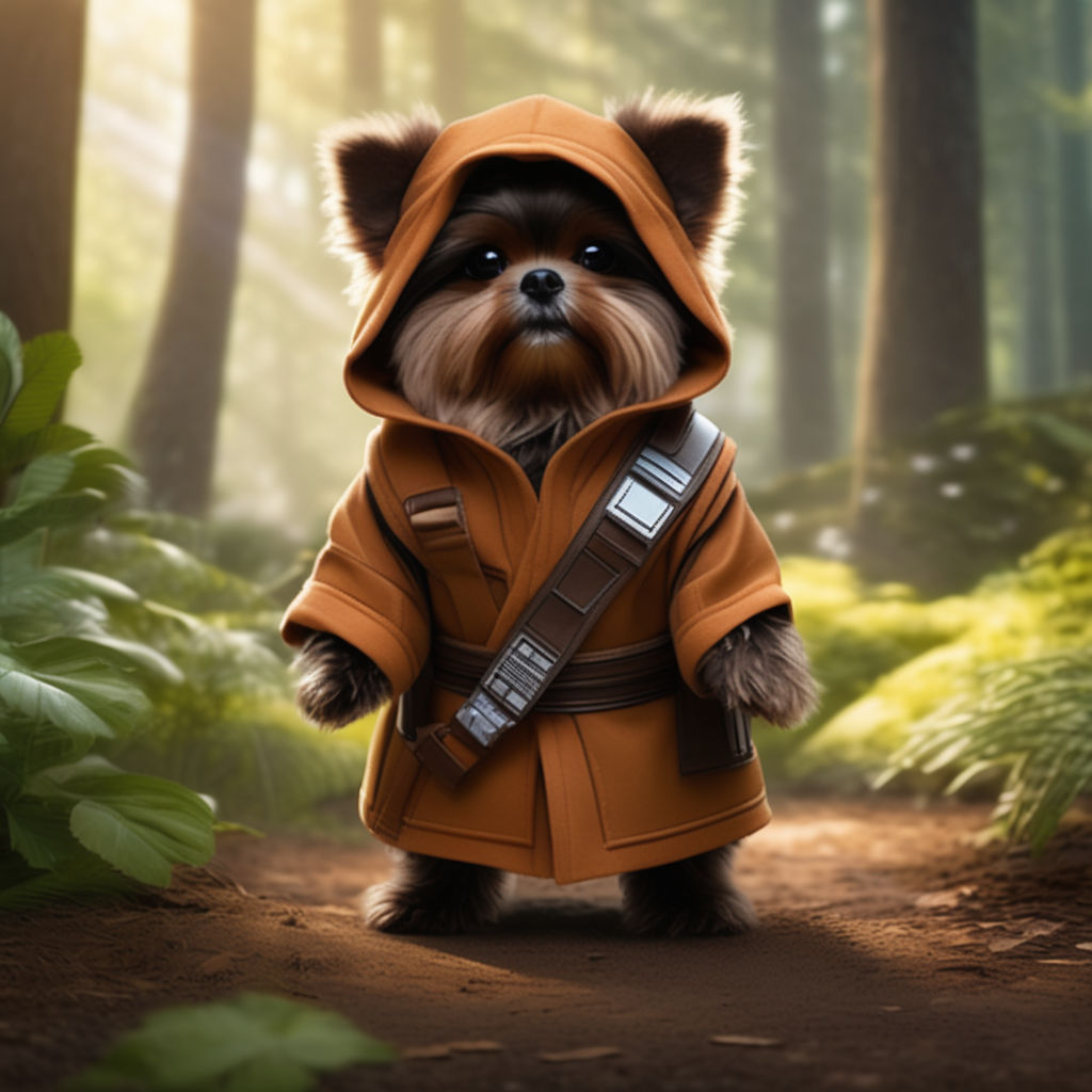 Dog in Jedi robes wielding light sabre in paws