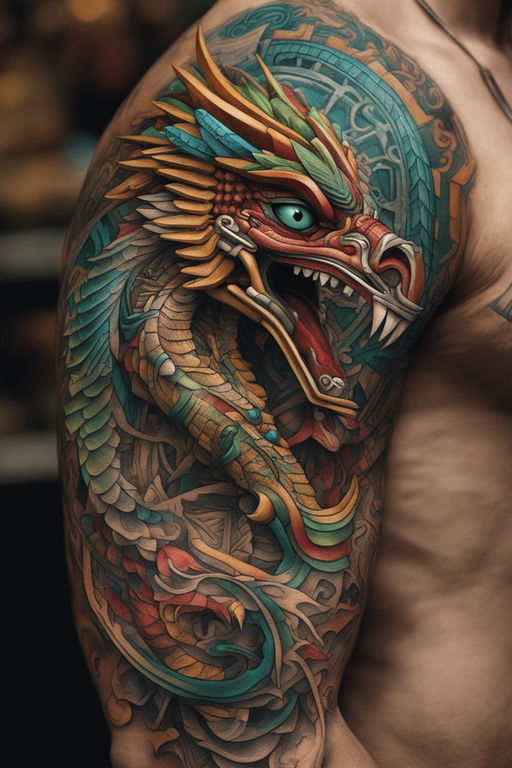 full arm sleeve The dragon is a Japanese Style dragon tattoo with black  scales,green accents, sharp claws, long silky yellow hair and expressive  eyes. Its head perches on your shoulder, and its