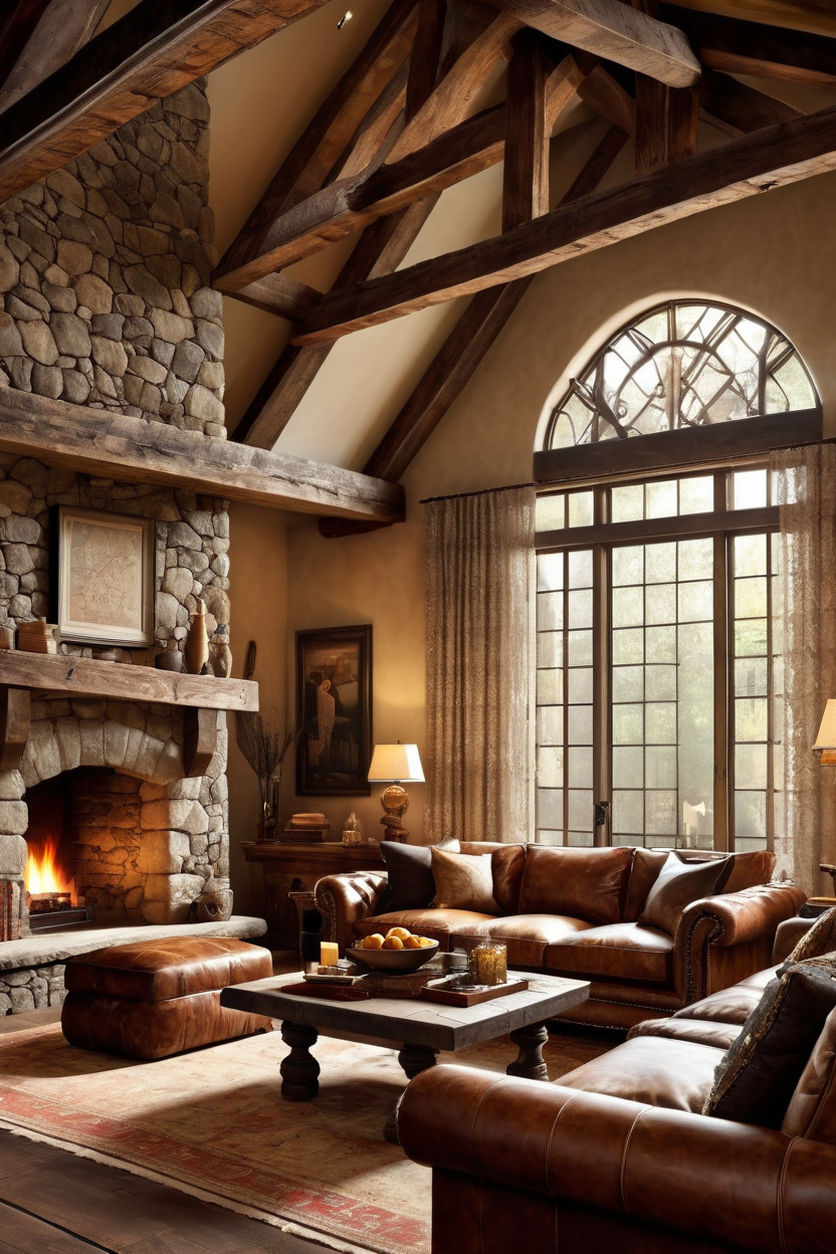 interior design of a cozy living room with a fireplace and a big glass  window with heavy curtains - Playground