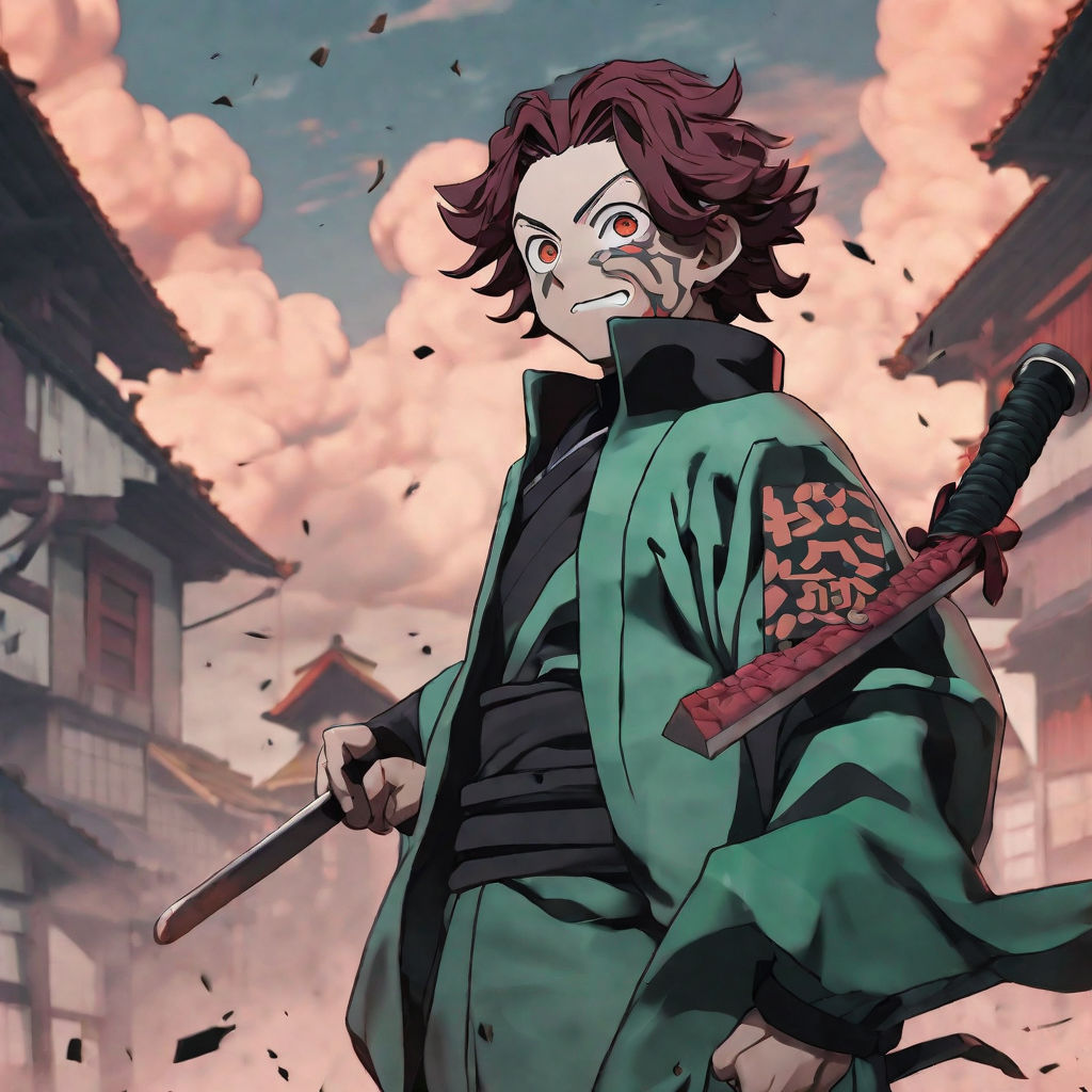 hair , looking at viewer, Kimetsu no Yaiba, Kamado Tanjiro, anime boys,  anime, Anime screenshot, katana, kimono, uniform, earring, night, fire,  weapon, fighting