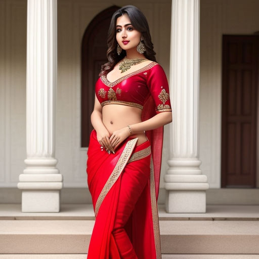 Design ideas for full figured urban modern Bengali woman wearing transparent  red chiffon saree and deep neck halter sleeveless bikini style blouse  looking like a bra with very very deep armholes fashion 