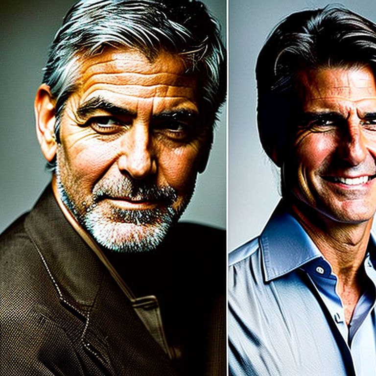 George Clooney hugs Tom Cruise with grey hair. Holds a board... by Brian  Chen - Playground AI