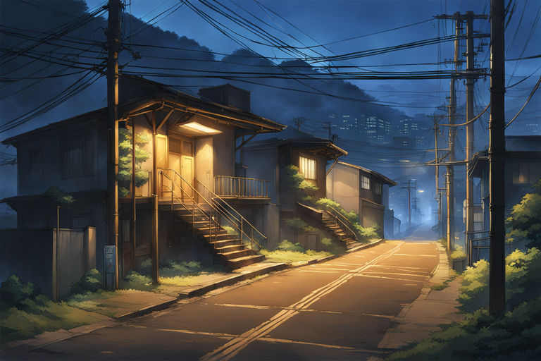 ภาพประกอบสต็อก Lofi anime manga background of Japanese city neighborhood.  Generative AI ภาพ | Adobe Stock