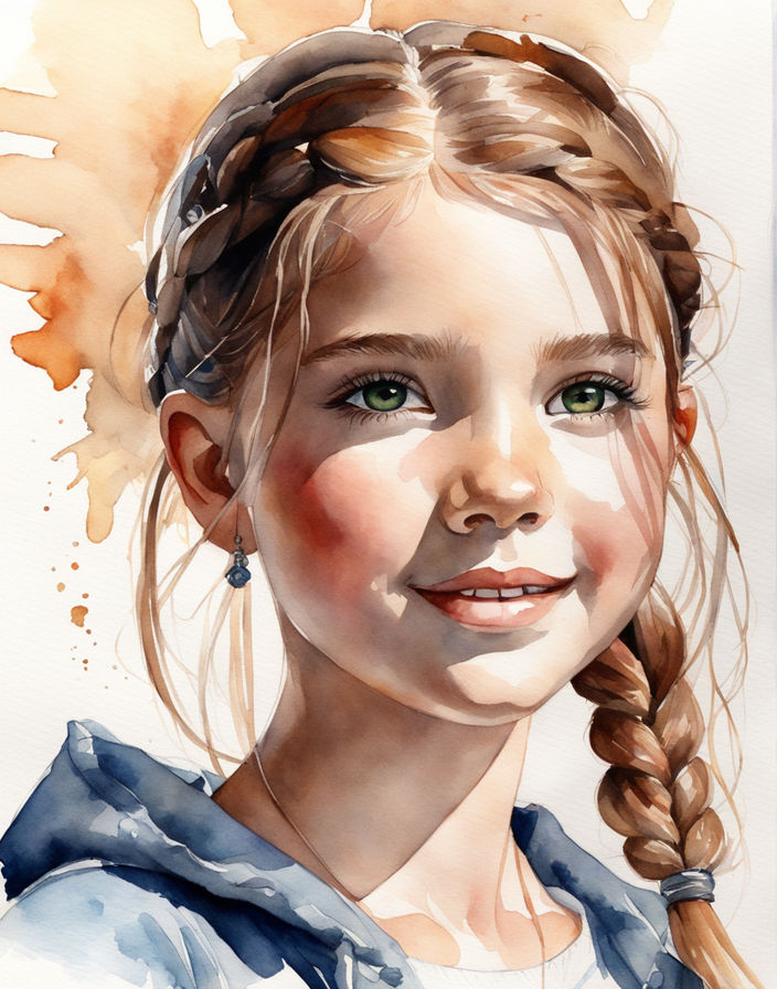 Beautiful Girl 10 Years Old in Watercolor Digital Painting