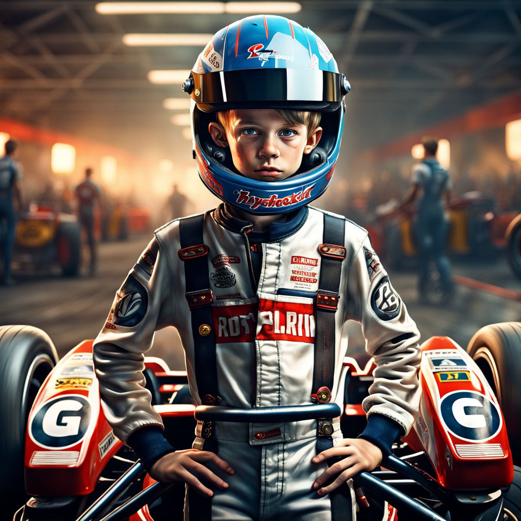 race driver with his helmet on standing next to his race car - Playground