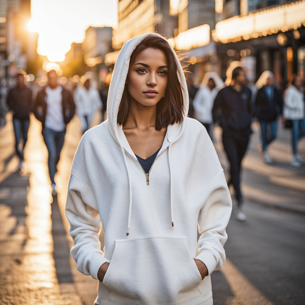 A teenage girl in a hoodie and leggings walks in the city Stock Photo by  natalya_ugr