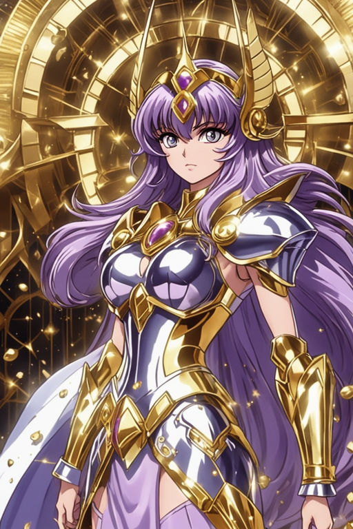 an anime showing the new golden armor zodiac Knight by, Stable Diffusion