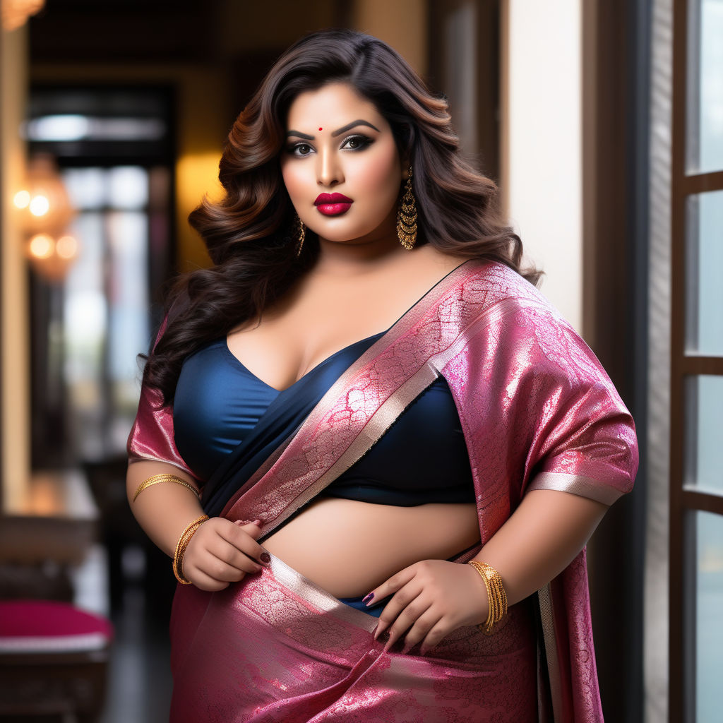 Plus size Bengali woman wearing transparent red chiffon saree and