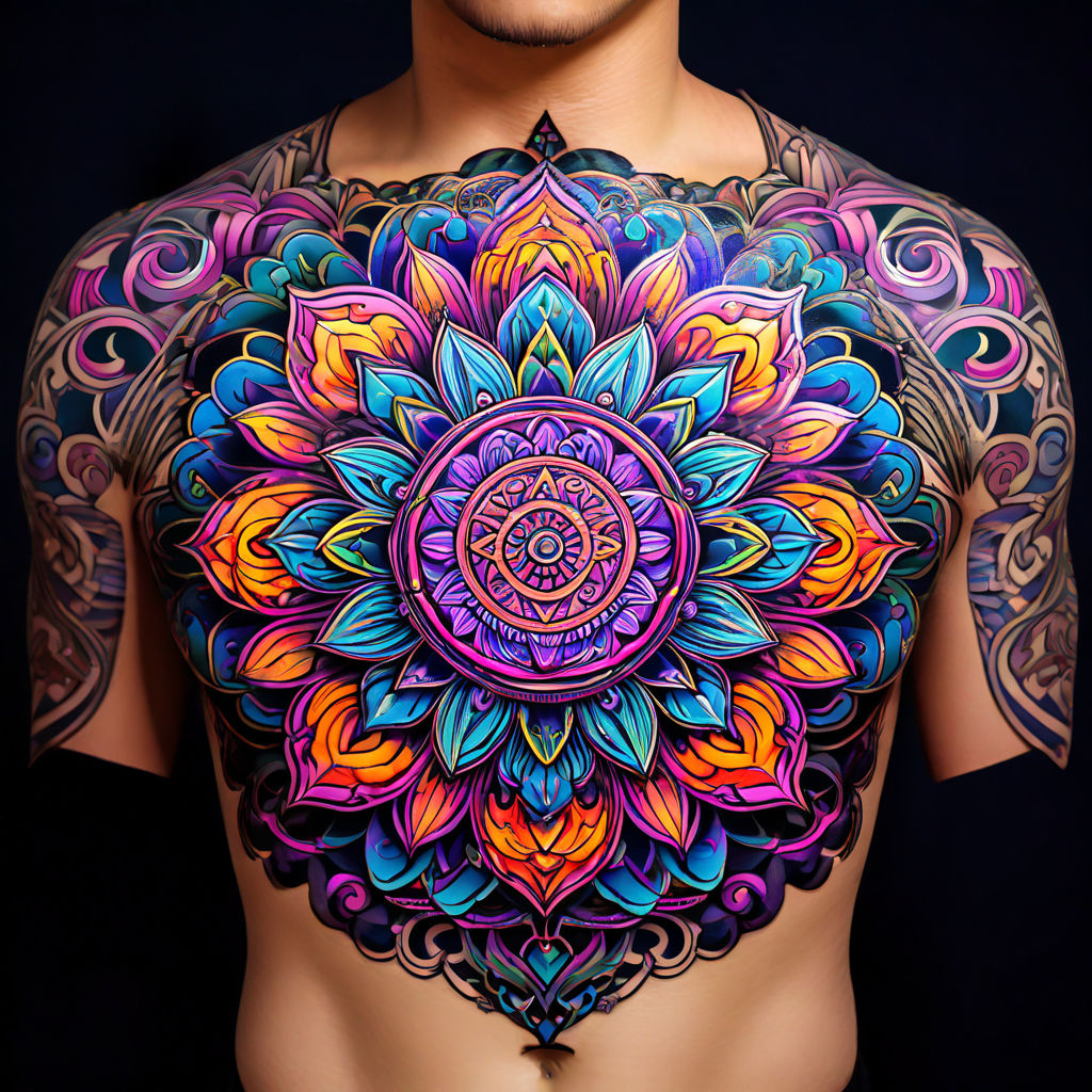 Colored mandala tattoo on the left hand.