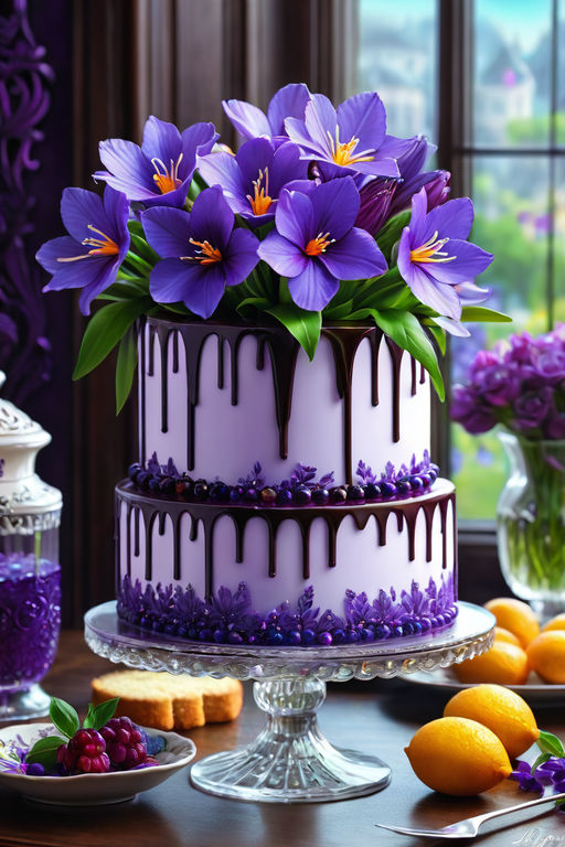 Beautiful Purple Cake Decoraited of Fresh Flowers, Macaroons and Meringue.  Stock Illustration - Illustration of rose, pink: 271297837