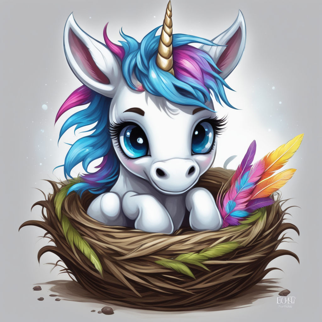 Cute chibi style fluffy unicorn with golden horn and rainbow mane on Craiyon