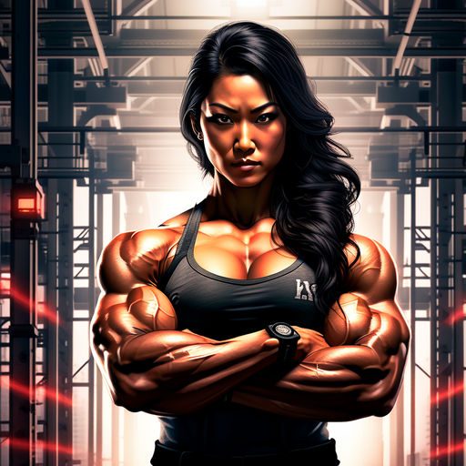 ar 9:16. Photorealism. huge muscle girl. female bodybuilder. huge