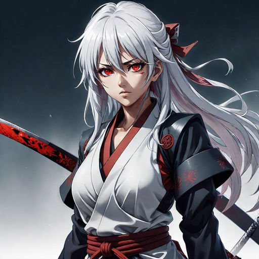 Anime girl, white hair, samurai