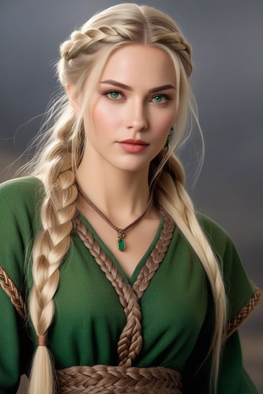 Young female model with braided blonde hair, big green eyes and