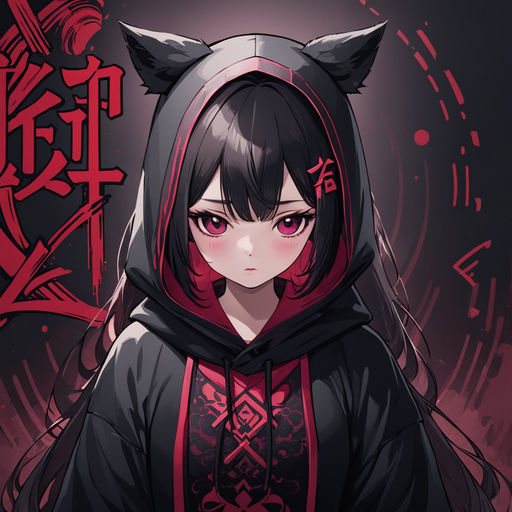 red eyes, Vhumiku, anime girls, anime, black hair, dog, cyberpunk