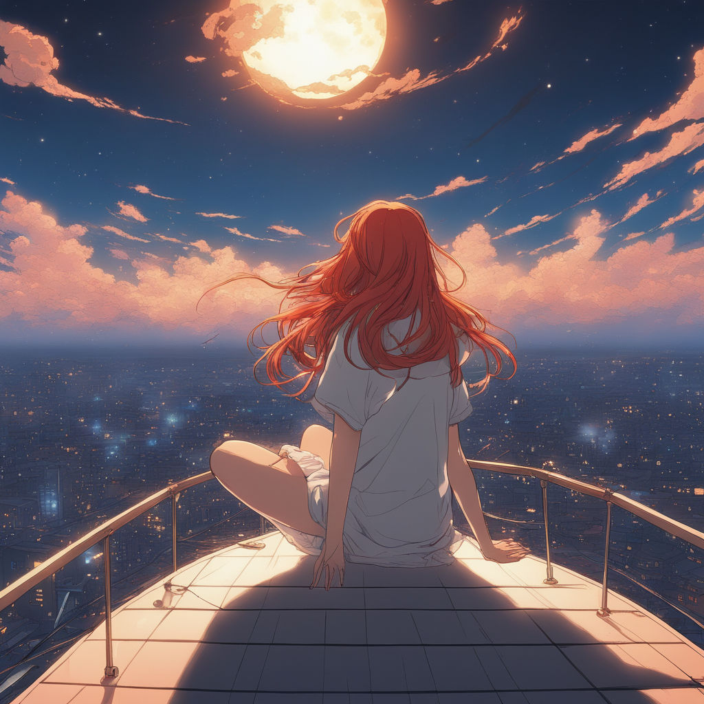 Red Hair Anime Girl sitting on skys - OpenDream