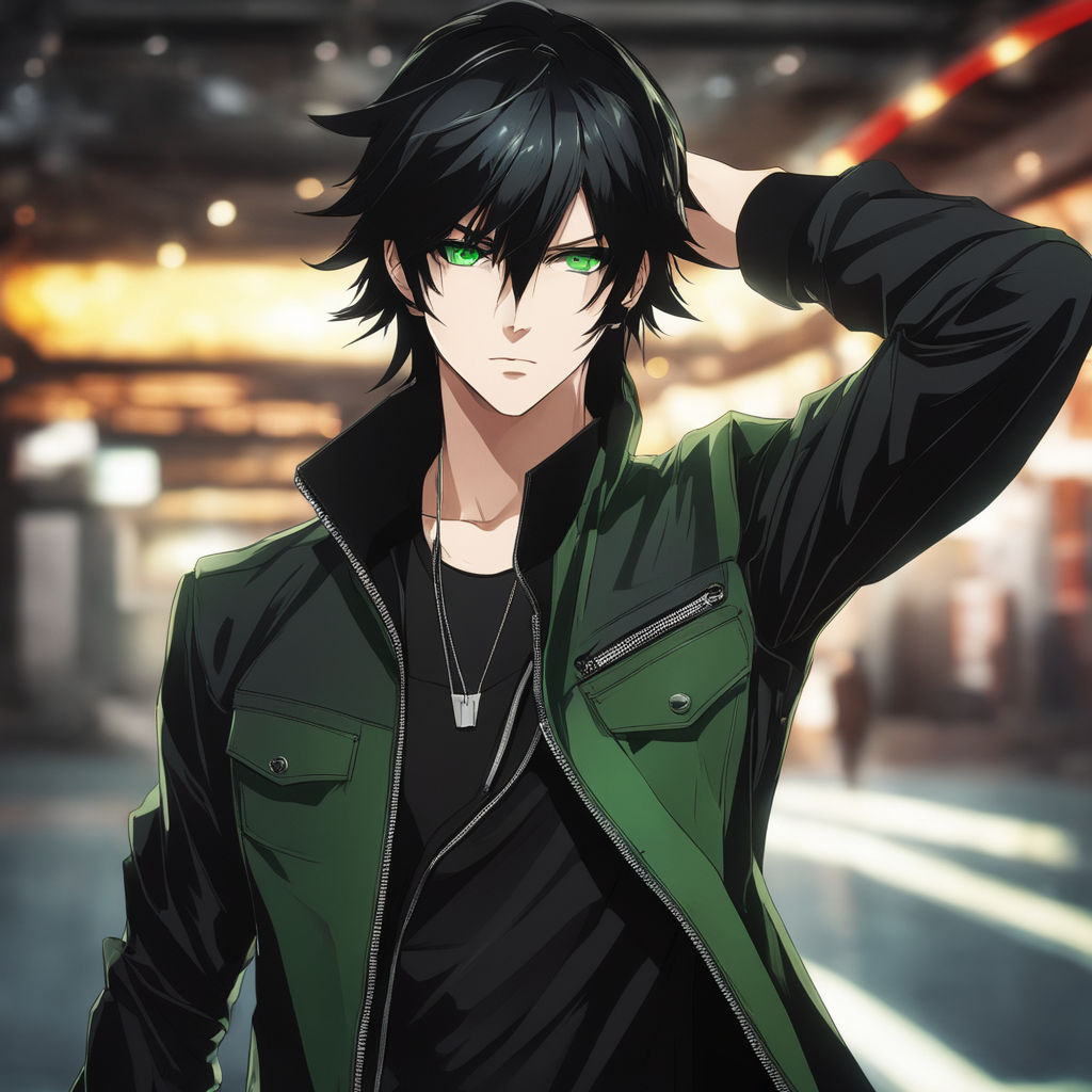 anime boy with black hair and green eyes