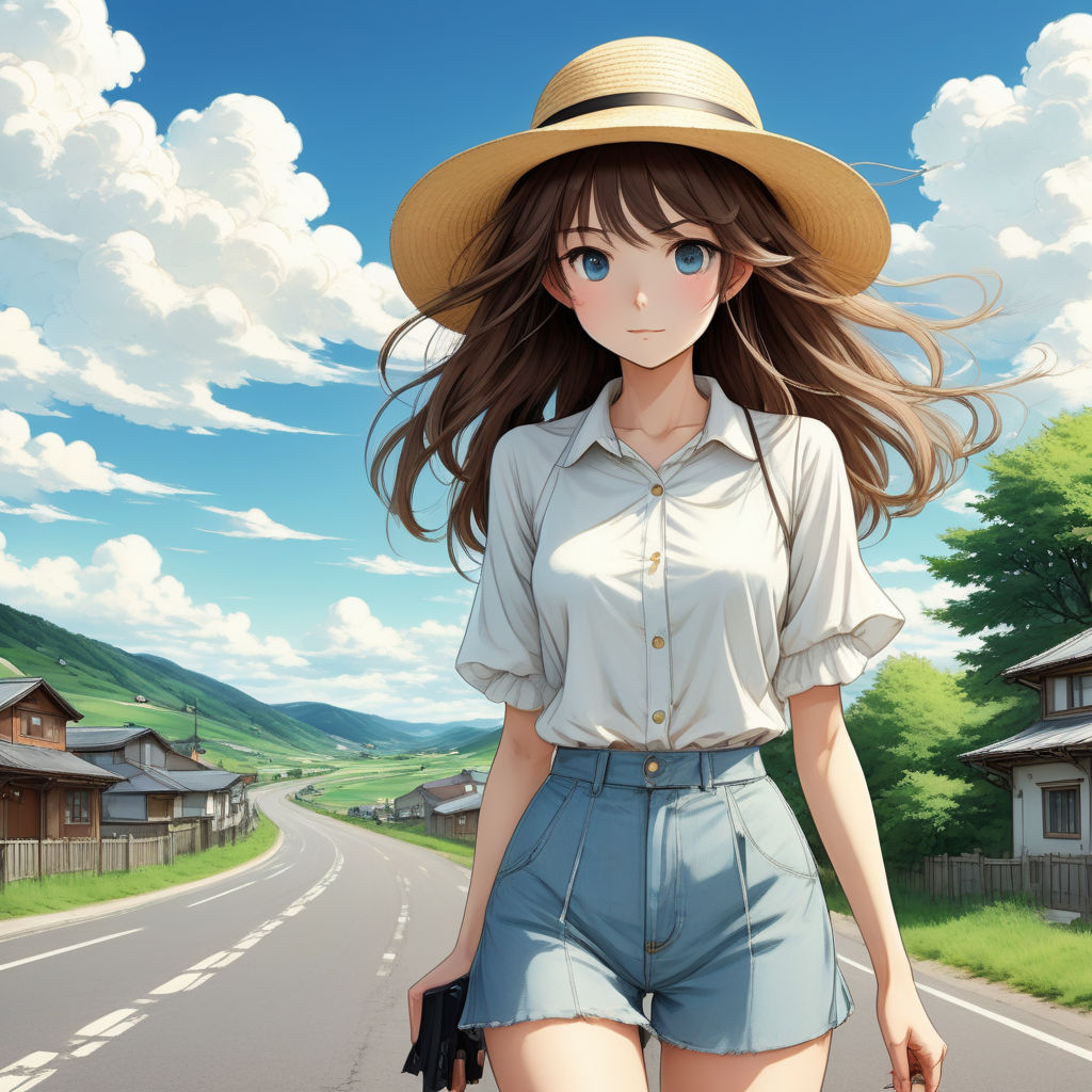 A cute anime grandma with a straw hat and blue/white cloth clothes