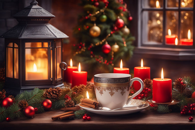 Cup Of Hot Drink With Steam Teddy Bear Candle In Red Christmas Decoration  On Cozy Knitted Plaid In Front Of Fireplace Cozy Magical Atmosphere In Home  Interior Holiday Christmas New Year Concept
