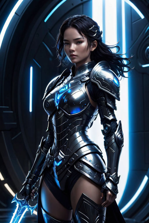 Free Photos - A Woman Wearing A Skin-tight Suit Of Armor, Which Is Adorned  With A Visually Appealing Silver And Blue Design. She Appears To Be A  Warrior Or A Character From