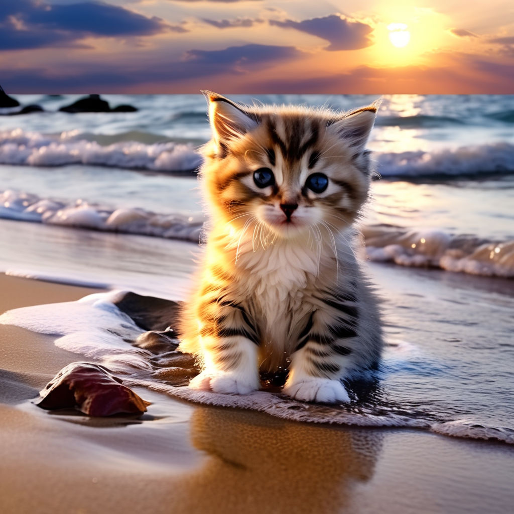 A Cute Anime Cat Girl in Dynamic Pose, at a Beach with Sunrise