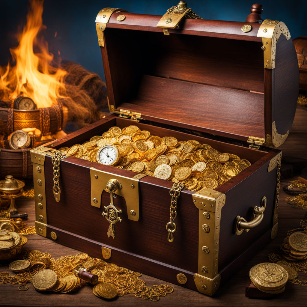 An overflowing treasure chest filled with gold coins -- antique