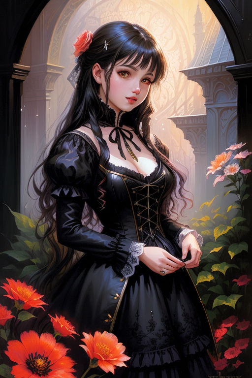 anime girl in a long black dress