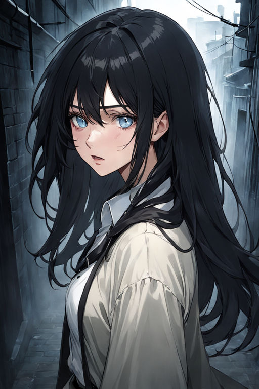 Deep dark blue haired wave anime woman with deep blue eyes - Playground