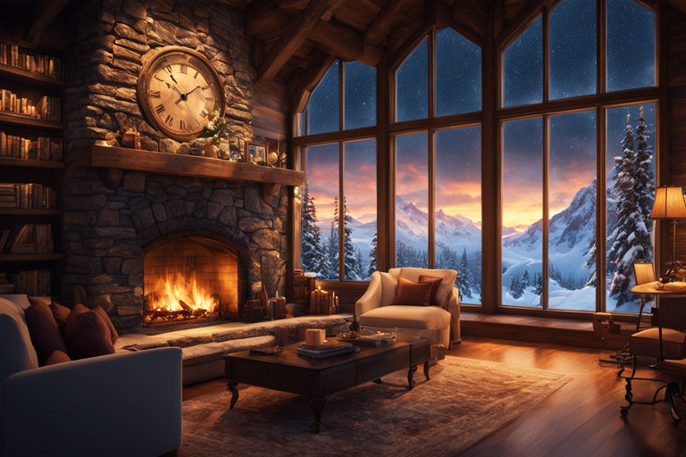 Winter Cozy Cabin in Snowfall Ambience with Crackling Fireplace