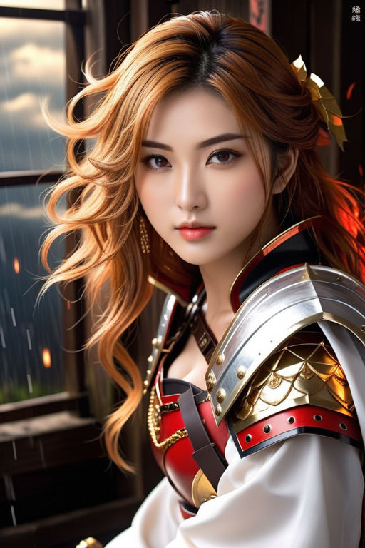 generate a beautiful samurai warrior female with beautiful eyes fighting  with sword against five solders in anime style in red and white colors -  Playground