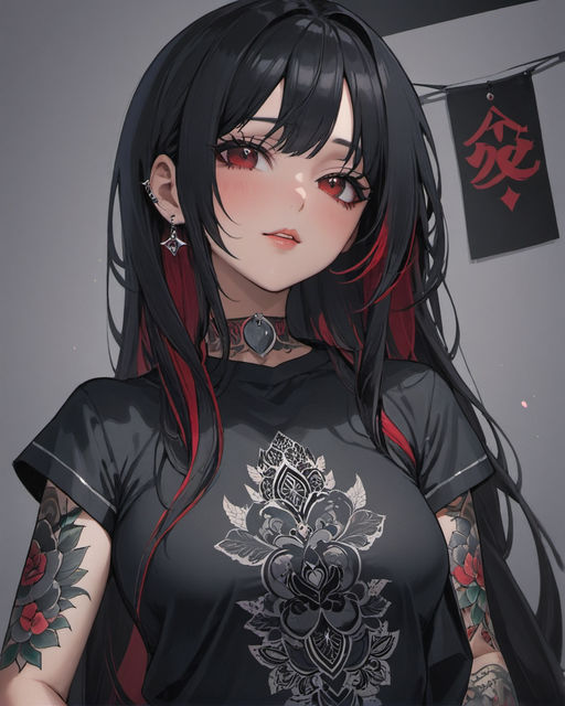 Cartoony goth girl short black hair with red eyes, tattoos