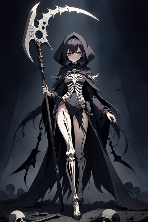 KREA - Full body character concept art of an anime female Drow necromancer,  skull scythe, pretty face, long dark hair, by Stanley Artgerm Lau, WLOP,  Rossdraws, James Jean, Andrei Riabovitchev, Marc Simonetti,